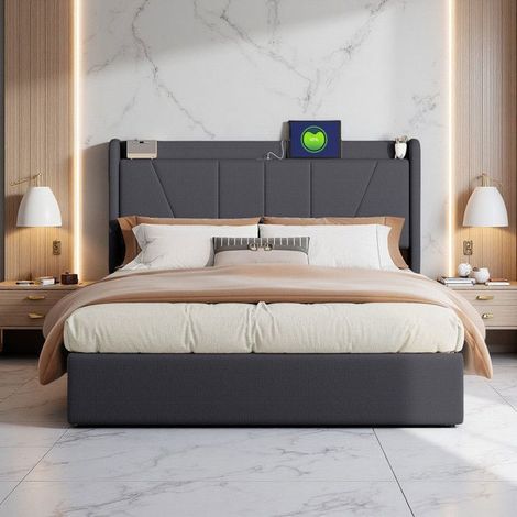 Cama Doble 140x200cm - Cama Cofre Hidráulica - Tela de Lino Gris - 2 Puertos USB - Almacenamiento Neumático