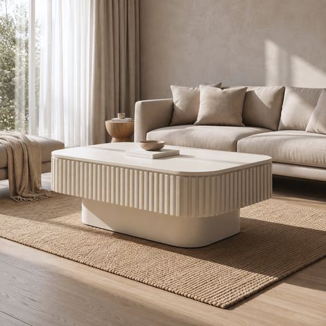 Table basse rectangulaire 98 cm avec rangement caché, MDF plaqué bois, couleur crème (1/5)