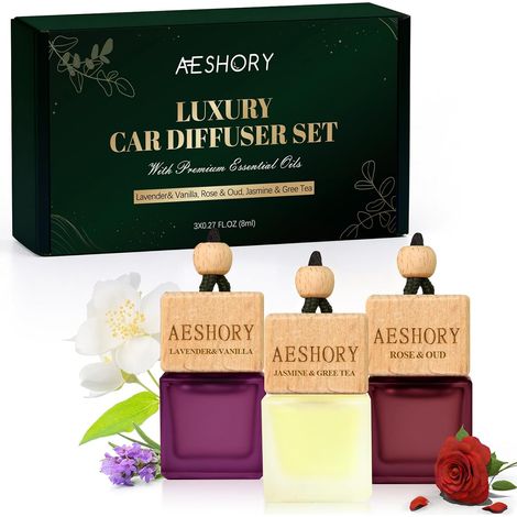 AESHORY Florales Car Perfume Bottle 3 x 8 ml Hanging Fragrance Diffuser Set for Car Home Air Fresheners Sweet Fragrance Lavender & Vanilla Rose & Oud Jasmine & Green Tea (1/5)
