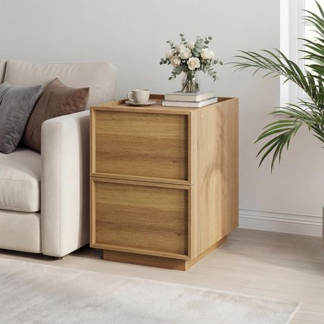 Table de chevet médiévale-moderne en chêne, 38 x 48 x 50 cm, table de chevet pour chambre à coucher, design de tiroir sans poignée, 1 pièce.