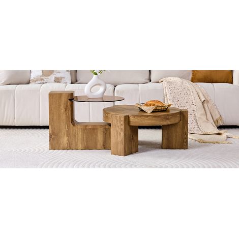 [Ensemble de tables basses séparables] Aspect bois MDF + verre de sécurité teinté brun de 0,6 cm – combiné en table basse / séparé en deux tables d'appoint, adaptable à différents agencements de salon (1/5)