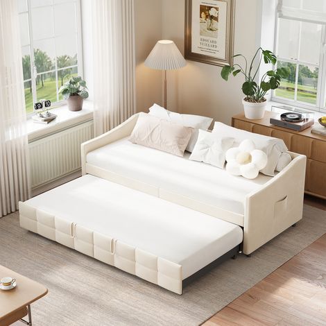 Canapé Lit 90 x 200,Cadre de Lit 90x200 avec Lit Gigogne,Lit Banquette Lits Coffre Lit Capitonné avec Sommier,Velours Beige (1/5)