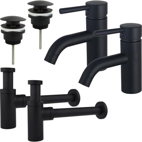 FugaFlow Eccelente Sobrado Kit robinet lavabo - pour double vasque - robinet bas - bonde clic clac - siphon design - Noir mat (1/4)