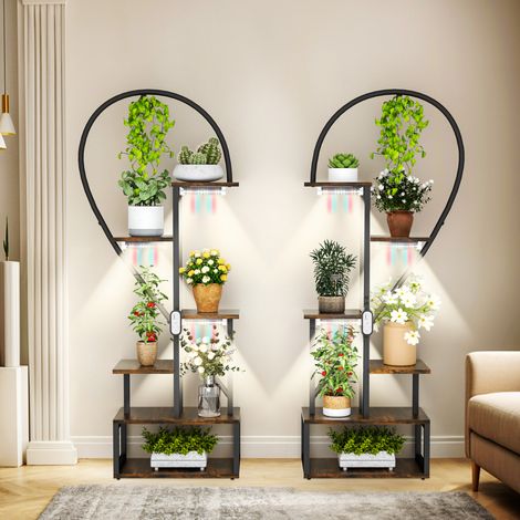 Creative Heart Shaped Plant Stand with LED Grow Lights Wood Stepped Display Rack (1/5)