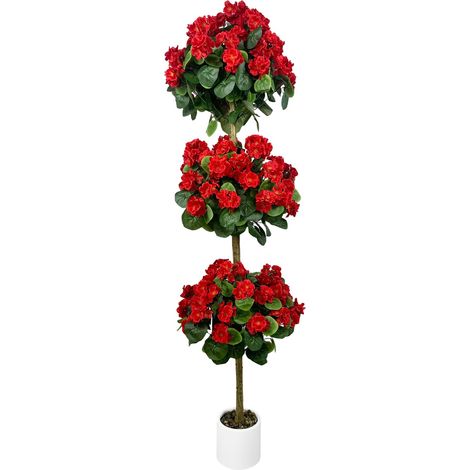 Arbre géranium artificiel 150 cm – 3 boules réalistes, fleurs en soie, pot rond rougevif – Résistant UV, peu d'entretien – Maison, bureau (1/5)
