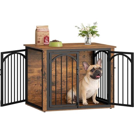 Cage pour Chien, 80cm Meuble Cage Chien et 4 Portes, Cages Bois pour Chiens, Table d'appoint, pour Chiens de Petite et Moyen, Niche pour Chiens Interieur, Marron et Noir