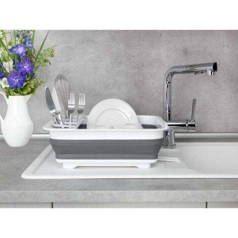QORVA-Egouttoir vaisselle pliable Gaia, égouttoir à vaisselle plastique, porte-couverts et support assiettes, plastique, 36,5x13x31 cm, blanc - gris