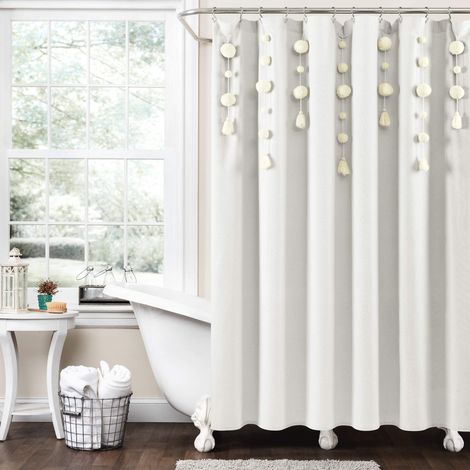 Rideau de Douche en Lin avec Pompons, Style bohémien, 182,9 x 182,9 cm, Blanc cassé (1/5)