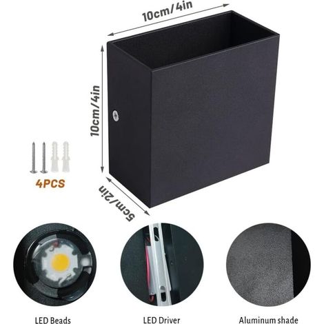 Applique murale carrée intérieure moderne, LED dimmable, lumière chaude, coque noire, 10x10x5 cm