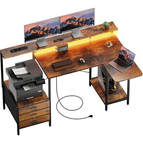 EcoFurnix Bureau gaming angolo L ribaltabile 140 cm – Tavolo per computer con cassetto in tessuto e supporto per schermo – Marrone