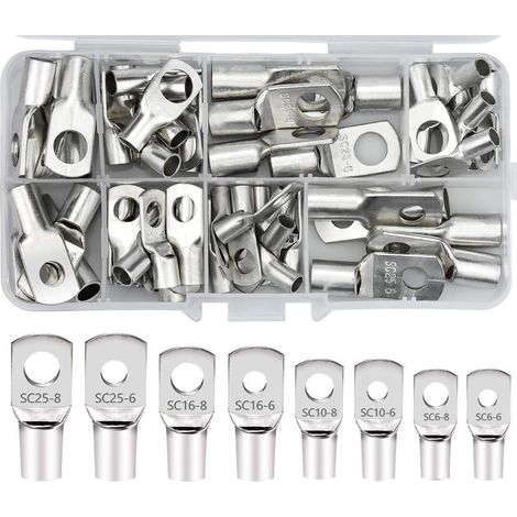 Lot de 60 cosses tubulaires et cosses annulaires étamées en cuivre avec 8 tailles pour câbles de batterie et connexions électriques (1/5)