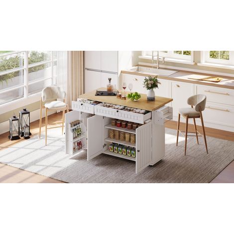 Îlot de cuisine avec plan de travail rabattable,meuble de cuisine sur 6 roulettes avec frein,avec étagère,rangement de porte,2 grands tiroirs et placard,blanc,137 x 89,5 x 45 cm