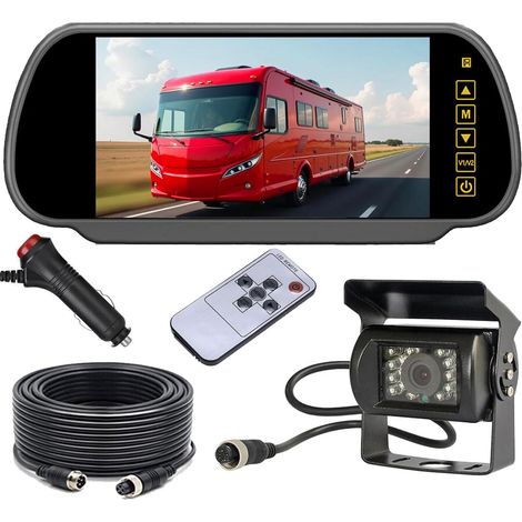 Moniteur de rétroviseur 4 broches de 17,8 cm + 18 LED Vision nocturne étanche Caméra de recul avec câble de 15 m pour camion caravane remorque camping-car 12 V-24 V (1/5)