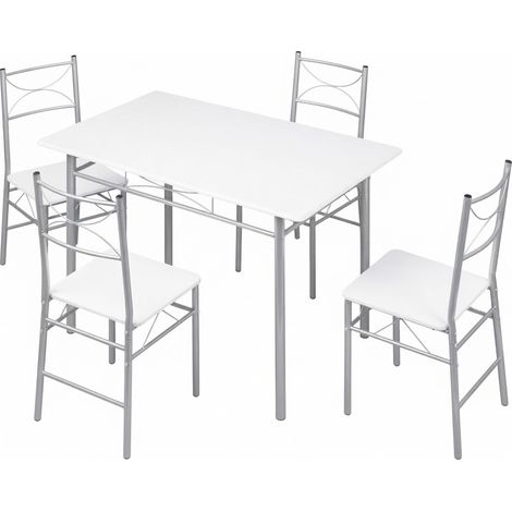 ELVMI Conjunto de Mesa y Sillas con 1 Mesa y 4 Sillas, Ahorro de Espacio, Hierro y MDF, Blanco y Plata (1/5)