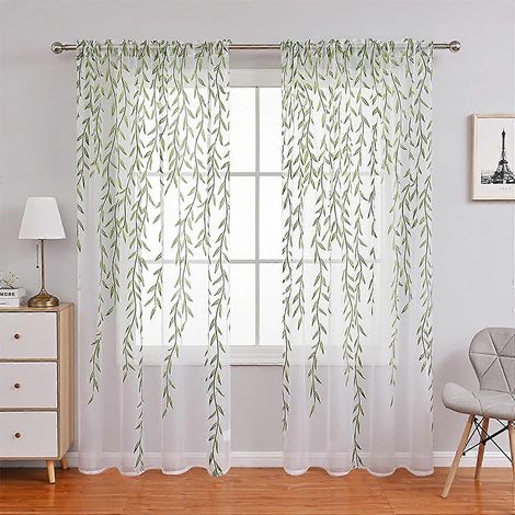 Rideaux en voile de tulle à motif de feuilles de saule (2 pièces), voilage vert, 100 x 200 cm (1/5)