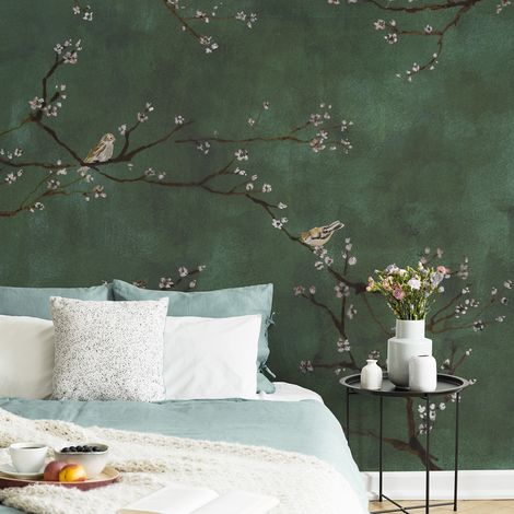 Papier peint panoramique cerisiers japonais oiseaux 300 x 280cm – Vert émeraude – Texture lisse – Résistant à la lumière – Art For The Home
