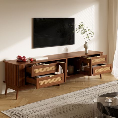 Meuble TV avec portes vitrées incurvées sécurisées, buffet lumineux LED via application, rangement salon en panneaux de particules, pieds bois massif, tiroirs multiples (1/5)