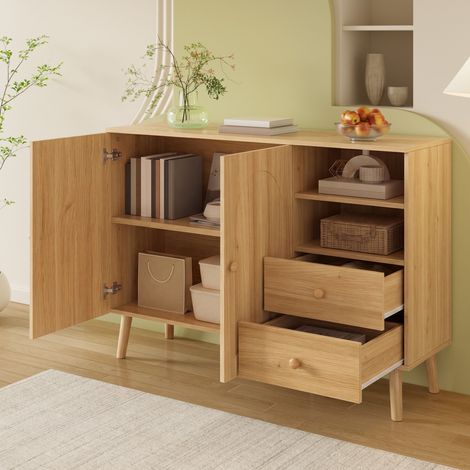 Buffet bas, 118x35x82 cm, bahut meuble de rangement pour salon salle à manger entrée, en bois avec 2 portes arquées 2 tiroirs et niches, Naturel (1/5)