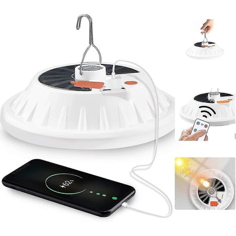 Lampe de camping solaire LED rechargeable USB avec télécommande, 5 modes d'éclairage pour tente, étanche IPX7. (1/3)