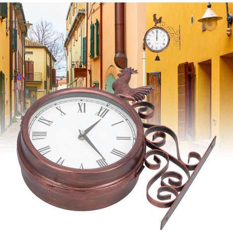 Horloge Murale Double Face avec Décor Coq - Modèle Antique - Dimensions 38x30 cm - En Fer et Finition Bronze Antique (1/4)
