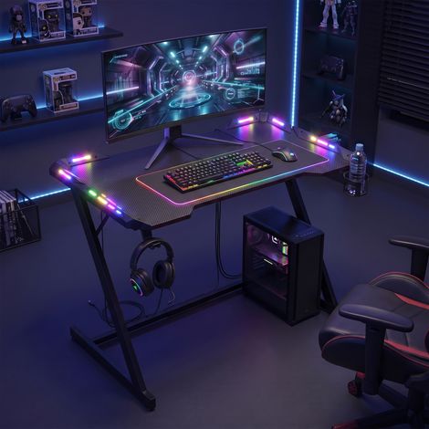 Bureau Informatique Ergonomique avec LED RGB, Surface en Fibre de Carbone, 100 x 60 x 76 cm, Noir (1/5)