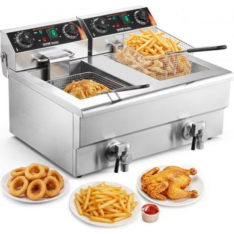Friteuse Électrique Commerciale 11L x 2 Cuves 3000W x 2 Friteuse à Huile en Inox avec 2 Paniers à Frire Température et Temps Réglable 50-200°C pour Rondelles d’Oignon Poulet Frit Snack-Bars (1/4)