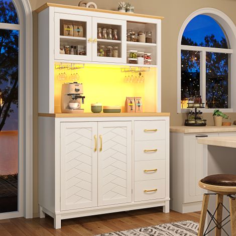 Vaisselier avec led, tiroirs, 4 portes et rangements, blanc, en MDF, 105.5x40x180 cm
