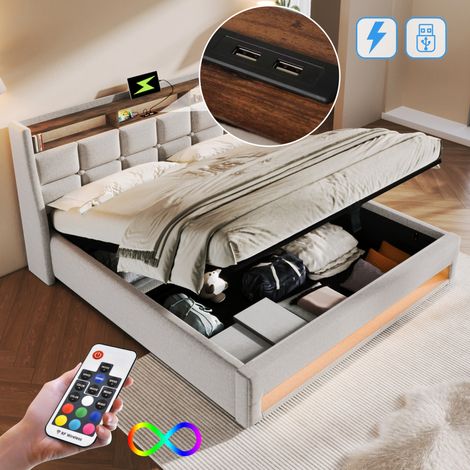 Polsterbett 140/200 cm beige aus Leinen mit LED, USB und Stauraum (1/5)