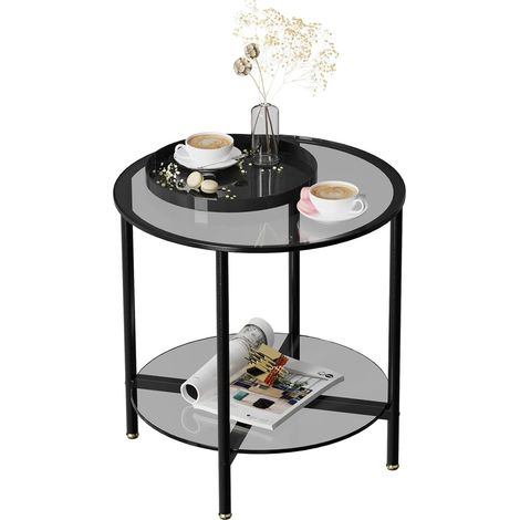 Tavolino Basso Tavolino da Caffe Rotondo in Vetro 2 Ripiani Tavolino da Soggiorno Salotto Tavolino Divano Elegante Struttura in Metallo Nero (1/5)