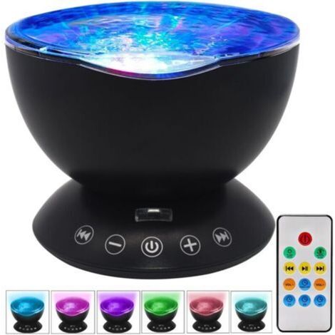 Veilleuse projecteur Ocean Waves avec lecteur de musique intégré et télécommande Mode lumière 7 couleurs pour la décoration (Noir)
