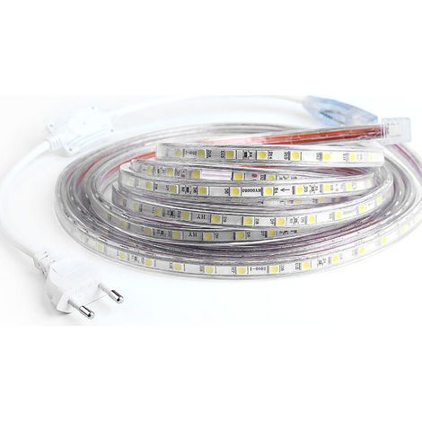 Bande LED de 5 m (16,4 pi) de long, 20 W, flexible, sécable, étanche, éclairage d'ambiance, prise UE 220 V, lumière blanche