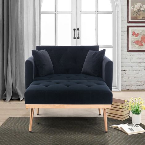 Fauteuil relax avec dossier réglable, 2 coussins, pour salon ou chambre, en velours, noir (1/5)