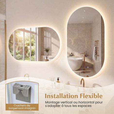 Mirror with LED, Oval Frameless Shatterproof Wall Mirror with 3 Adjustable Color Temperature Modes, 80 x 50 cm, Silver (1/5)