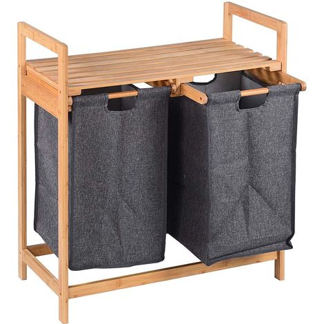 Panier à linge Sporca Casa Structure en bois de bambou avec 2 compartiments porte-linge extractibles en tissu + étagère porte-serviettes Dimensions 73,5 x 63,5 x 33 cm Design moderne Gris (1/5)