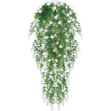 Lot de 2 fleurs artificielles suspendues, plantes artificielles suspendues résistantes aux UV, bouquet de fleurs, plantes grimpantes retombantes (blanches) (1/5)