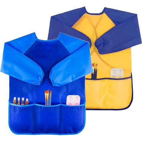 Lot de 2 tabliers d'art pour enfants, imperméables, à manches longues et avec poches spacieuses, pour les 3-7 ans, bleu et jaune. (1/5)