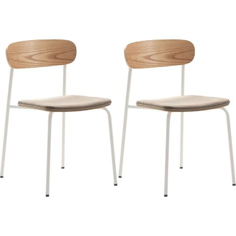 Lot de 2 chaises dossier bois assise tissu beige et pieds métal blanc - RIDILA (1/5)
