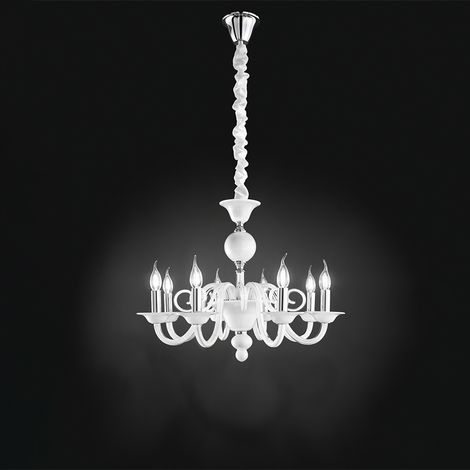 BOUGIE Sospensione 8 luci in metallo e vetro bianco soffiato attacco E14 d.85cm (1/2)