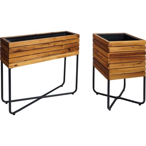 [NEUWERTIG] 2er-Set Pflanzkasten HHG-586, Blumenkasten, rechteckig quadratisch Outdoor Stahl Akazie Holz MVG-zertifiziert, braun