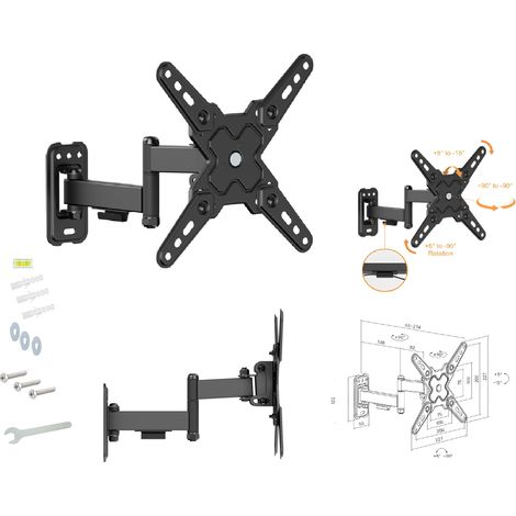 Support TV mural extensible (13 à 43 pouces) – inclinable, orientable -rotatif – pour écrans LED, LCD, OLED et incurvés.