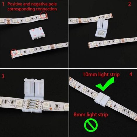 Raccords angle L pour ruban LED, lot 10 connecteurs rapides 4 broches, pour bandes LED SMD 5050 RGB 10mm, blanc (1/4)
