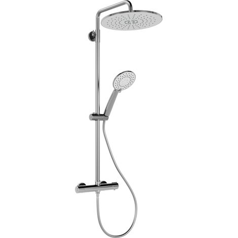 Colonne de douche thermostatique en inox 304 – Sécurité 38°C anti‑brûlure – Tête pluie ronde 25 cm – Douchette 3 jets – Barre réglable – Flexible 1,5 m – Chromé – round thermatatic mixer set