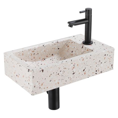 Saniclass Fuente Ensemble fontaine - 40x22x10cm - trou de robinet à droite - robinet fontaine noir mat - bouchon de vidange - siphon abaissé - beige (1/5)