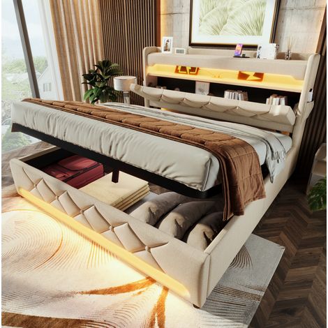 Letto contenitore 140x190 cm in lino beige con LED e USB, salvaspazio, senza materasso – MEUBLIV (1/5)