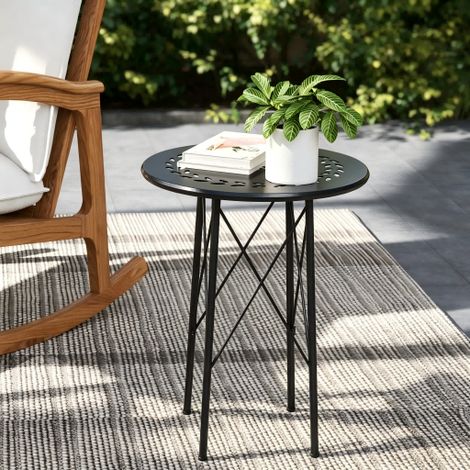 Table de jardin ronde en acier Ø40cm – Plateau découpé motif floral – Pieds croisés métal noir – Résistant pour jardin terrasse balcon – Table de bistro pour intérieur/extérieur (1/5)