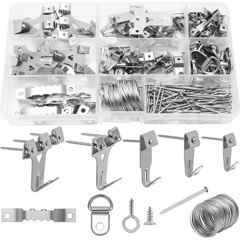 Crochets de cadre, lot de 220 assortis en métal lourd en fer pour accrocher des photos, ensemble de crochets pour cadre photo en bois, placoplâtre, avec clous, anneaux en D, crochets à dents de scie (1/5)
