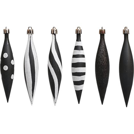 Boules De Noël - 12 cm et 15 cm - Design Goutte Mat et Brillant - Décoration Arbre De Noël En Plastique Incassable - Noir Et Blanc - Lot De 12 (1/5)