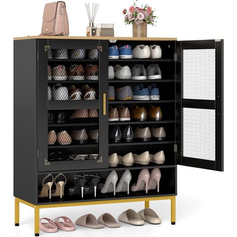 COSTWAY Scarpiera a 7 Livelli, Armadio Porta Scarpe con Porte in Rete, Ripiani Regolabili e Gambe in Metallo Per Ingresso, Corridoio, Armadio e Soggiorno (Nero,80x37x106 cm) (1/5)