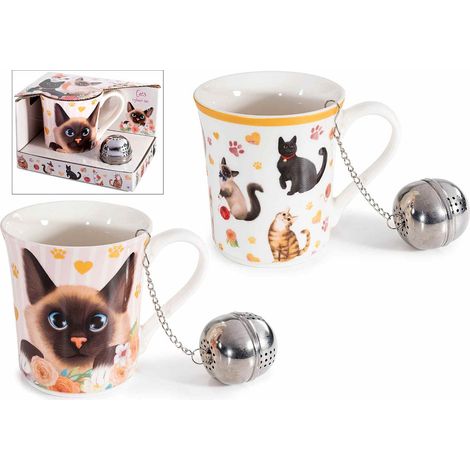 Tasses en porcelaine décor chats avec filtre en métal en coffret cadeau, lot de 4, tasse diam. 8,5 x H. 9