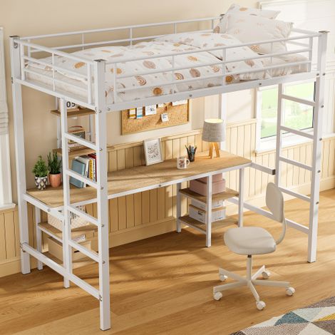 Letto a castello con struttura in ferro, tavolo e ripiani, adatto a bambini e ragazzi, letto per bambini con scaletta laterale, con sponda di sicurezza, ferro + MDF, bianco, 90x200 cm (1/5)